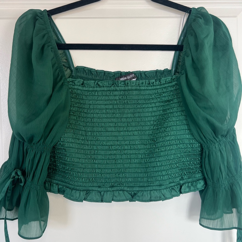 Urban Outfitters Green Puff Sleeve Smocked Crop Blouse